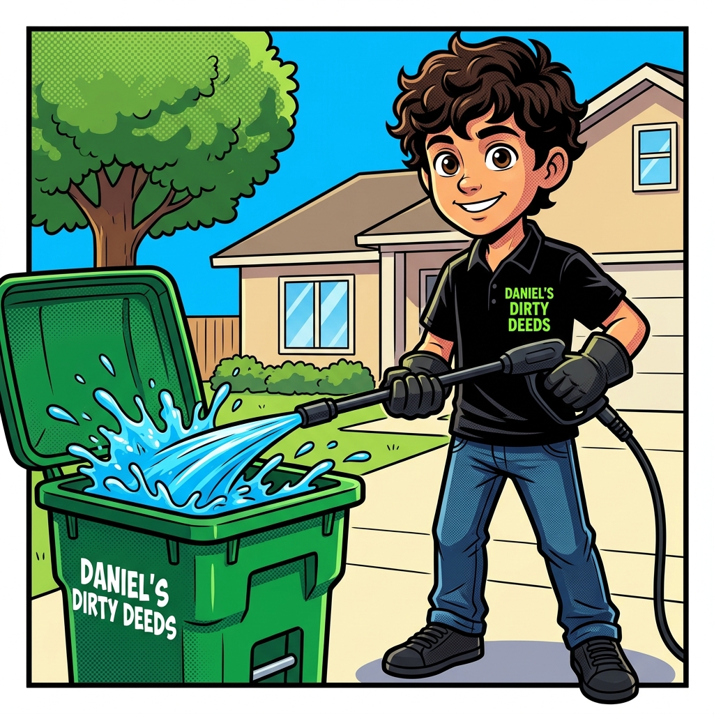 Daniel, founder of Daniel's Dirty Deeds, ready to clean trash bins